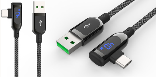 LS-A2C-BL-002 Right-angle USB-A-to-Type-C zinc-alloy braided cable with power-display